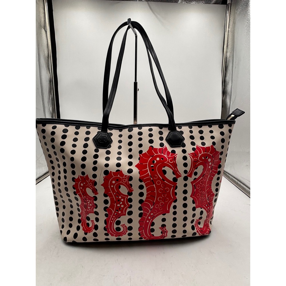 Jonathan Adler Seahorse Duchess Tote Polka Dot Coated Canvas Red Black Ivory